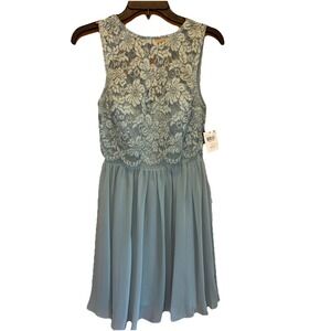 NWT Jr's Womens 5 Seafoam Green Blue Lace Sheer‎ Flowy Dress Wedding Homecoming